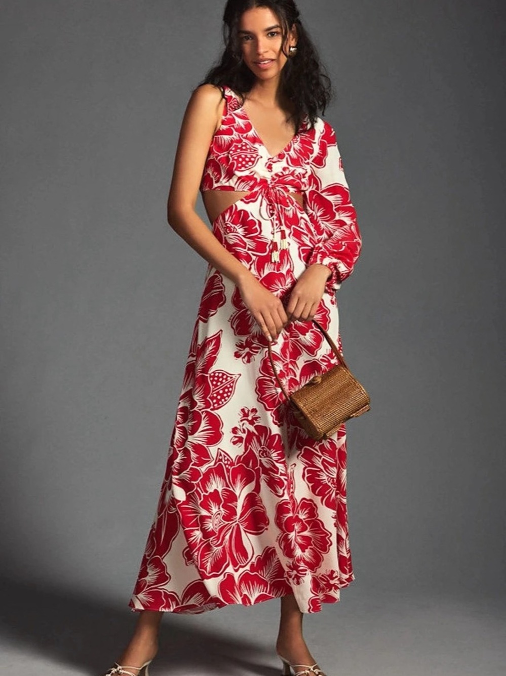 FARM Rio Cut-Out Flower Dress Floral Maxi in Red & White